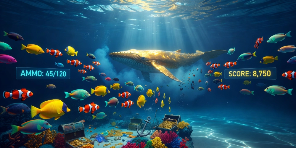 Giao diện đại dương rộng lớn trong game bắn cá vàng nh88 với đàn cá đa sắc màu