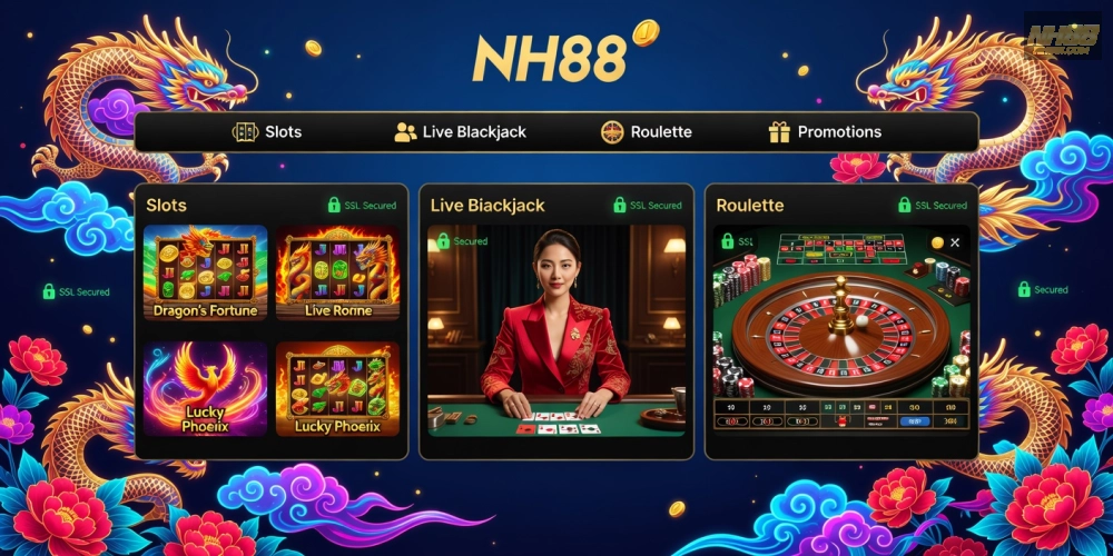 Giao diện casino NH88 với các trò chơi đa dạng và bảo mật cao.