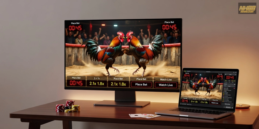 Minh họa khái niệm đá gà trực tiếp tại casino nh88 với giao diện streaming hiện đại
