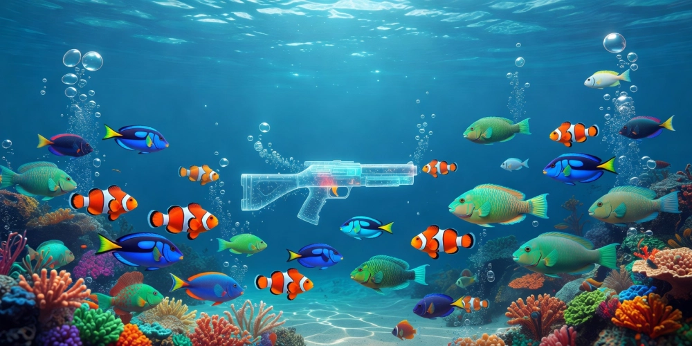 Hình minh họa giao diện game bắn cá nh88 với cá bơi lội đầy màu sắc