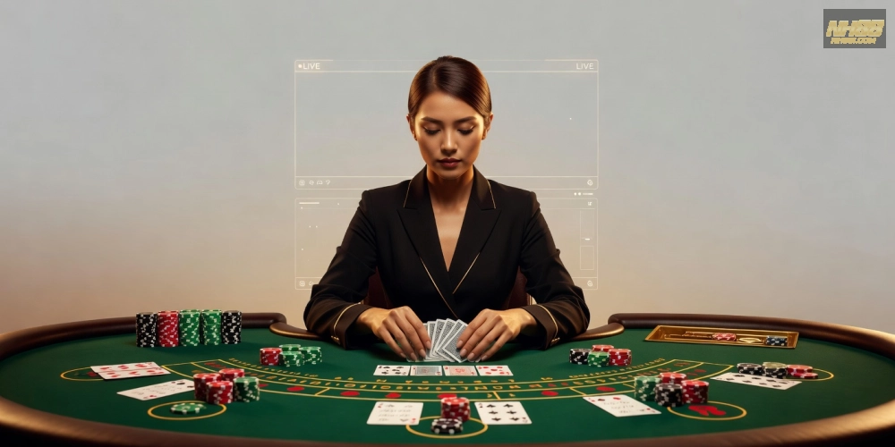 Hình minh họa khái niệm baccarat live casino nh88 với dealer chuyên nghiệp và bàn chơi hiện đại