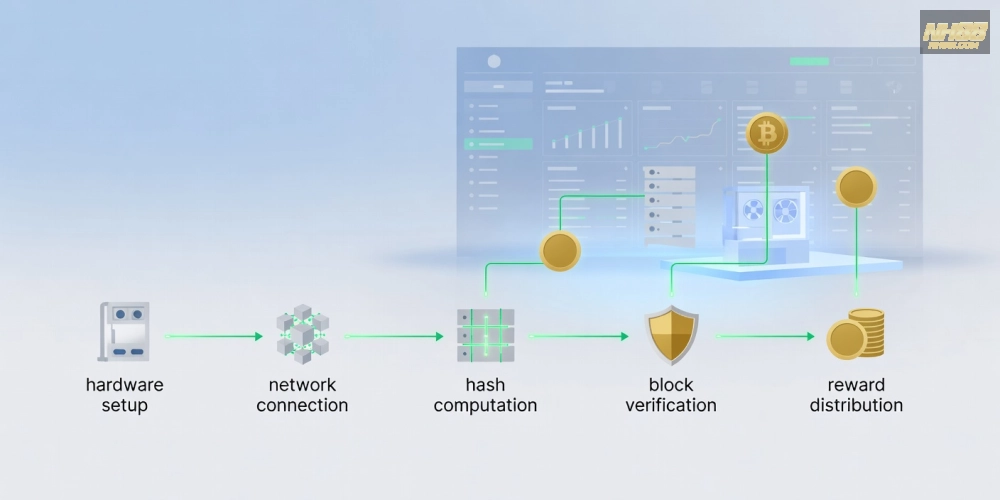 Hình minh họa khái niệm hướng dẫn đào Bitcoin trên nền tảng NH88 một cách đơn giản và dễ hiểu
