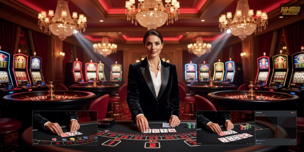 Hình minh họa dealer thực tế phát sóng live casino nh88 với không gian sòng bạc sang trọng