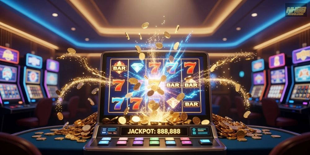 Hình minh họa khái niệm nổ hũ trên NH88 với jackpot bùng nổ hấp dẫn và giao diện hiện đại.