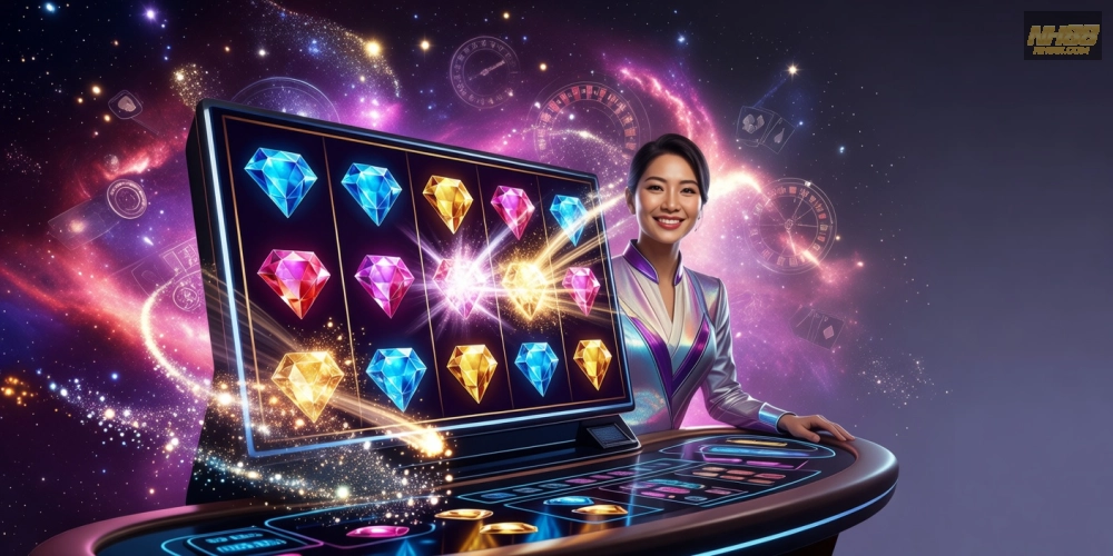 Hình ảnh minh họa trò chơi Starburst Galaxy với hiệu ứng ánh sáng rực rỡ trong live casino nh88