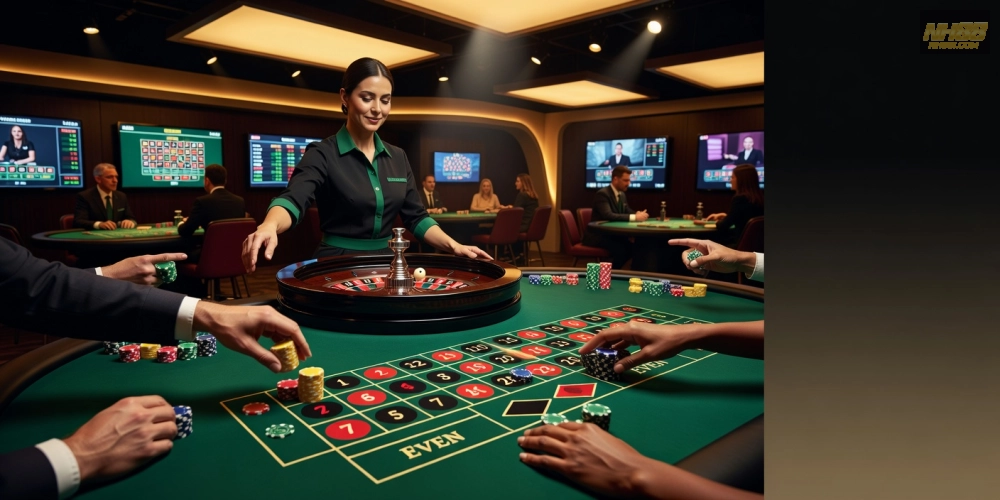 Hình ảnh bàn chơi roulette live casino nh88 với dealer xinh đẹp và giao diện di động